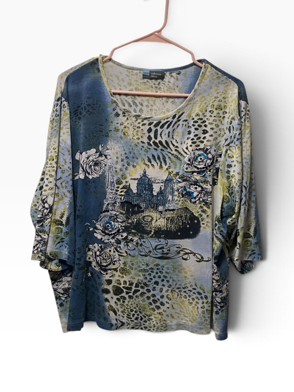 European Y2K Vintage Beaded Sequin Floral Printed Scenery Scoop Neck Blouse